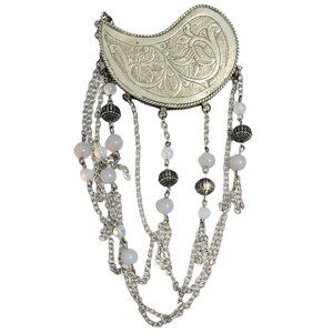 Silver-Tone Paisley Shaped Chatelaine Glass And Bali Beaded Chain Brooch, Signed